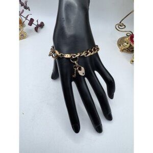Fossil Link Bracelet Rose Gold Tone, Rhinestone Heart Lock Charm Whit Key- Cute